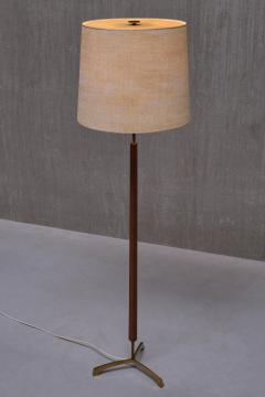 Danish Modern Three Legged Floor Lamp in Brass Teak and Textured Shade 1950s - 3634442