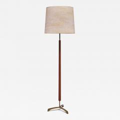 Danish Modern Three Legged Floor Lamp in Brass Teak and Textured Shade 1950s - 3635756