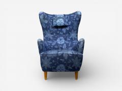 Danish Modern Wingback Chair Blue Fabric Wood Denmark 1940s - 4510102