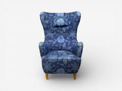 Danish Modern Wingback Chair Blue Fabric Wood Denmark 1940s - 4510104