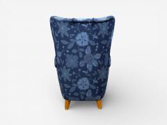 Danish Modern Wingback Chair Blue Fabric Wood Denmark 1940s - 4510110