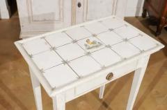 Danish Painted Wood Side Table with Tile Top Rooster Motif and Single Drawer - 3451101