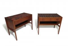 Danish Teak Nightstands Side Tables with Orange Tiles - 3535365