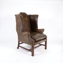 Dark Muddy Green Leather Wing Chair in the Georgian Style English Circa 1890  - 3211322