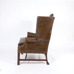 Dark Muddy Green Leather Wing Chair in the Georgian Style English Circa 1890  - 3211323