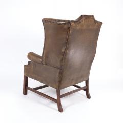 Dark Muddy Green Leather Wing Chair in the Georgian Style English Circa 1890  - 3211325