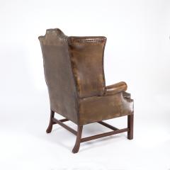 Dark Muddy Green Leather Wing Chair in the Georgian Style English Circa 1890  - 3211327
