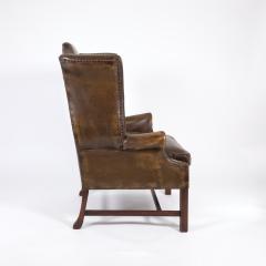 Dark Muddy Green Leather Wing Chair in the Georgian Style English Circa 1890  - 3211328