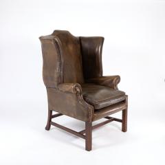 Dark Muddy Green Leather Wing Chair in the Georgian Style English Circa 1890  - 3211330
