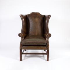 Dark Muddy Green Leather Wing Chair in the Georgian Style English Circa 1890  - 3211331