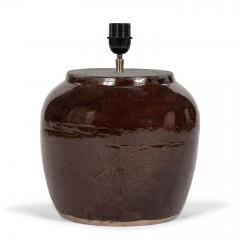 Dark Reddish Brown Glazed Table Lamp with Natural Linen Shade - 4505247