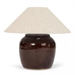 Dark Reddish Brown Glazed Table Lamp with Natural Linen Shade - 4508069