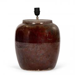 Dark Reddish Brown Glazed Table Lamp with Natural Linen Shade - 4600196
