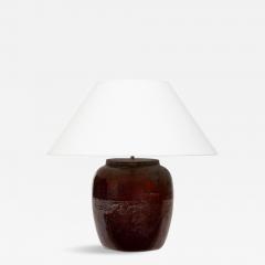 Dark Reddish Brown Glazed Table Lamp with Natural Linen Shade - 4603472
