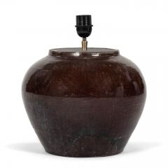 Dark Reddish Brown Glazed Table Lamp with Natural Linen Shade - 4600208