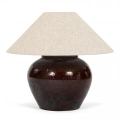 Dark Reddish Brown Glazed Table Lamp with Natural Linen Shade - 4603473