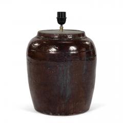 Dark Reddish Brown Glazed Table Lamp with Natural Linen Shade - 4682438