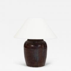 Dark Reddish Brown Glazed Table Lamp with Natural Linen Shade - 4682581
