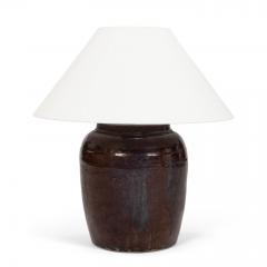 Dark Reddish Brown Glazed Table Lamp with Natural Linen Shade - 4682583