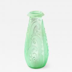 Daum Nancy Art Deco Frosted Celadon Vase with Cubist Streamlined Detailing Signed Daum - 2094540