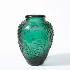 Daum Nancy Art Deco Handblown Teal Vase w Stylized Ibis Cloud Motifs Signed Daum Nancy - 2092549