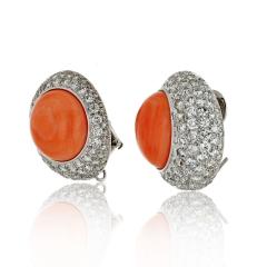 David Webb DAVID WEBB 18K WHITE GOLD 12 50CTTW ROUND BUTTON CORAL AND DAIMOND CLIP EARRINGS - 3493002