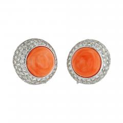 David Webb DAVID WEBB 18K WHITE GOLD 12 50CTTW ROUND BUTTON CORAL AND DAIMOND CLIP EARRINGS - 3494440