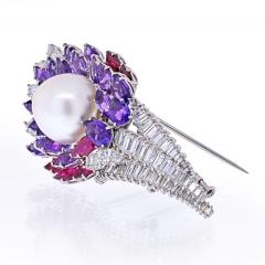 David Webb DAVID WEBB 18K WHITE GOLD DIAMOND AMETHYSTS RUBY AND PEARL BROOCH - 2029557