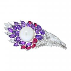 David Webb DAVID WEBB 18K WHITE GOLD DIAMOND AMETHYSTS RUBY AND PEARL BROOCH - 2030188