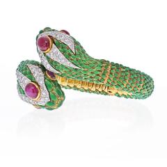 David Webb DAVID WEBB 18K YELLOW GOLD 1960S DOUBLE HEADED SERPENT GREEN ENAMEL BRACELET - 2345929