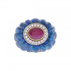 David Webb DAVID WEBB 18K YELLOW GOLD AZURE MALACHITE RUBY DIAMOND RING - 2040386