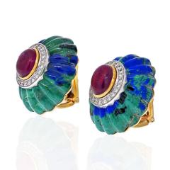 David Webb DAVID WEBB 18K YELLOW GOLD AZURITE MALACHITE RUBY DIAMOND EARRINGS - 2039441