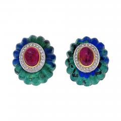 David Webb DAVID WEBB 18K YELLOW GOLD AZURITE MALACHITE RUBY DIAMOND EARRINGS - 2040387