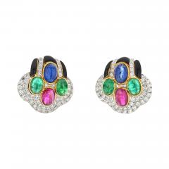David Webb DAVID WEBB 18K YELLOW GOLD BLACK ENAMEL DIAMOND SAPPHIRE EMERALD RUBY EARRINGS - 3044490