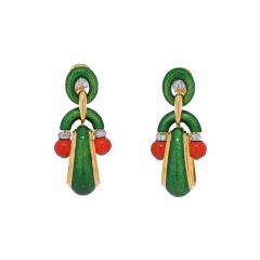 David Webb DAVID WEBB 18K YELLOW GOLD CORAL GREEN ENAMEL AND DIAMOND DOOR KNOCKER EARRINGS - 2709270