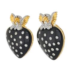 David Webb DAVID WEBB 18K YELLOW GOLD CUPID BLACK ENAMEL DIAMOND STUDED HEART CLIP EARRINGS - 3321639