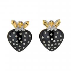 David Webb DAVID WEBB 18K YELLOW GOLD CUPID BLACK ENAMEL DIAMOND STUDED HEART CLIP EARRINGS - 3324264