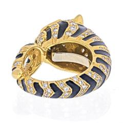 David Webb DAVID WEBB 18K YELLOW GOLD DIAMONDS EMERALDS BLACK ENAMEL TIGER RING - 1932145