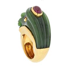 David Webb DAVID WEBB 18K YELLOW GOLD NEPHRITE RUBY LION RING - 2235982