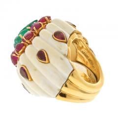 David Webb DAVID WEBB 18K YELLOW GOLD RUBY EMERALD FLUTTED BOMBE STYLE RING - 3155020