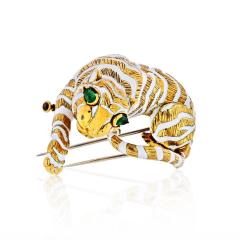 David Webb DAVID WEBB 18K YELLOW GOLD TIGER IN WHITE ENAMAEL EMERALD EYES BROOCH - 1767629