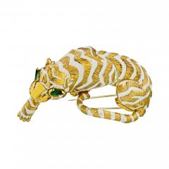 David Webb DAVID WEBB 18K YELLOW GOLD TIGER IN WHITE ENAMAEL EMERALD EYES BROOCH - 1768585