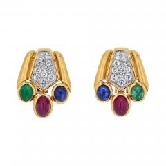 David Webb DAVID WEBB CABOCHON SAPPHIRE EMERALD AND RUBY BEAR PAW EARRINGS - 2349697