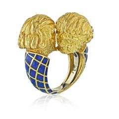 David Webb DAVID WEBB CROSSOVER PLATINUM 18K YELLOW GOLD BLUE ENAMEL DOUBLE HEAD RING - 1767186