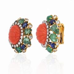 David Webb DAVID WEBB FLUTED CORAL CARVED EMERALD SAPPHIRE AND DIAMOND EARRINGS - 2316706