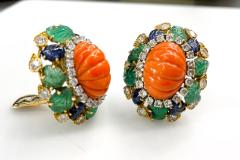 David Webb DAVID WEBB FLUTED CORAL CARVED EMERALD SAPPHIRE AND DIAMOND EARRINGS - 2316709