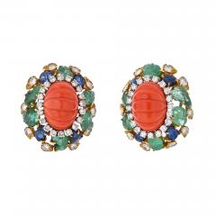 David Webb DAVID WEBB FLUTED CORAL CARVED EMERALD SAPPHIRE AND DIAMOND EARRINGS - 2317182