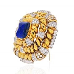 David Webb DAVID WEBB HAMMERED FINISH PLATINUM 18K YELLOW GOLD LAPIS AND DIAMONDS BROOCH - 1767236