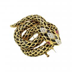 David Webb DAVID WEBB KINGDOM PLATINUM 18K YELLOW GOLD BLACK ENAMEL SNAKE BROOCH - 1768600