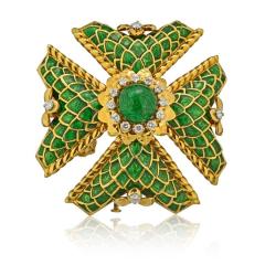 David Webb DAVID WEBB MALTESE CROSS 18K YELLOW GOLD LARGE DIAMOND AND GREEN ENAMEL PENDANT - 1767160